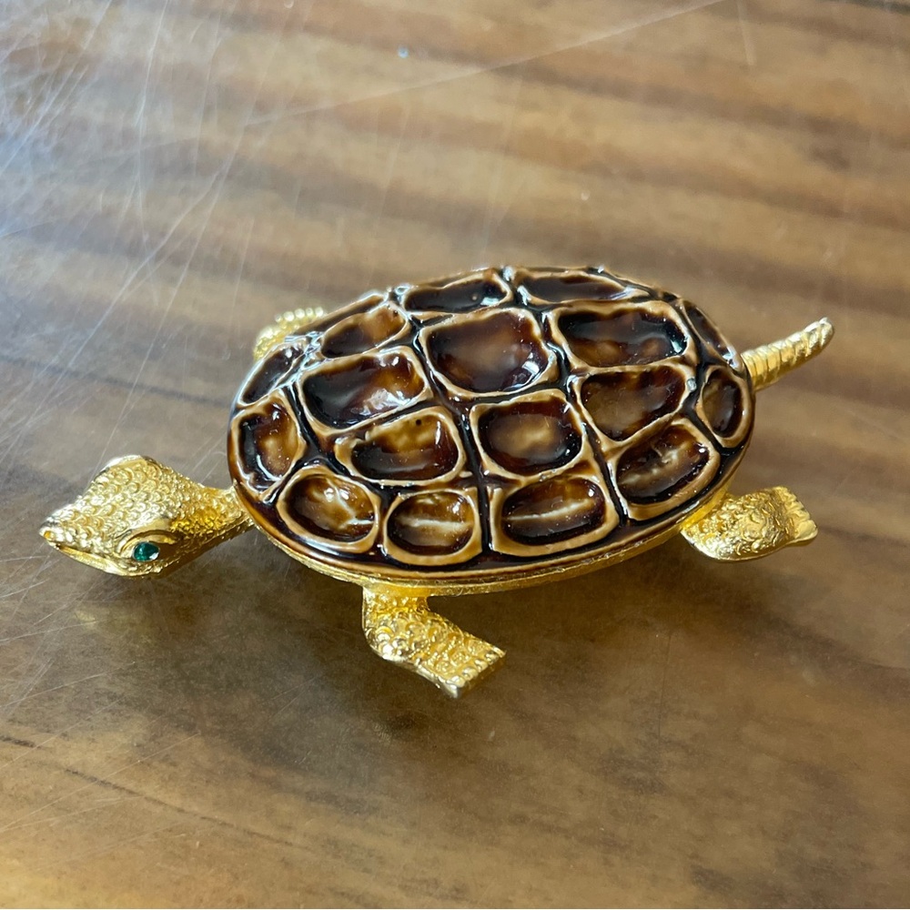 Vintage Gold and Brown Turtle Brooch Rhinestone Eyes Unique Cute Stylish